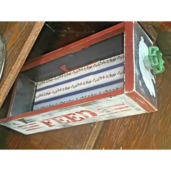 Farmhouse Wood Drawer Crate w/ Vintage Pig Feed Spigot Handle, Red/Black - Picture 2 of 12